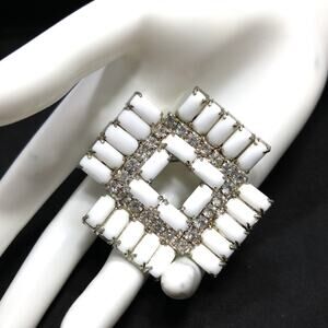 Vintage Art Deco Style Milk Glass Clear Rhinestone Brooch, Rhodium Plated